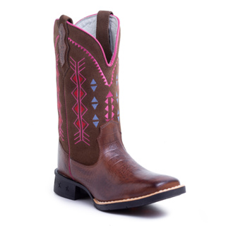 Bota Botina Texana Country Feminina Lonestar Em Couro Legitimo Bordado Bico quadrado Cano Longo Rodeio Solado em borracha costurado