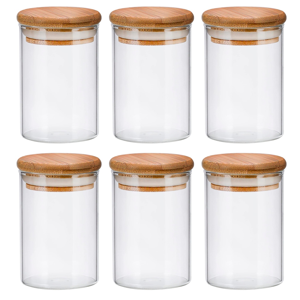 Kit 6 Potes Vidro herméticos Redondo 300ml Com Tampa De Bambu porta Temperos mantimentos jogo para cozinha c/ pote pequeno 6,5cm x 10cm hermetico 300 ml madeira mantimento