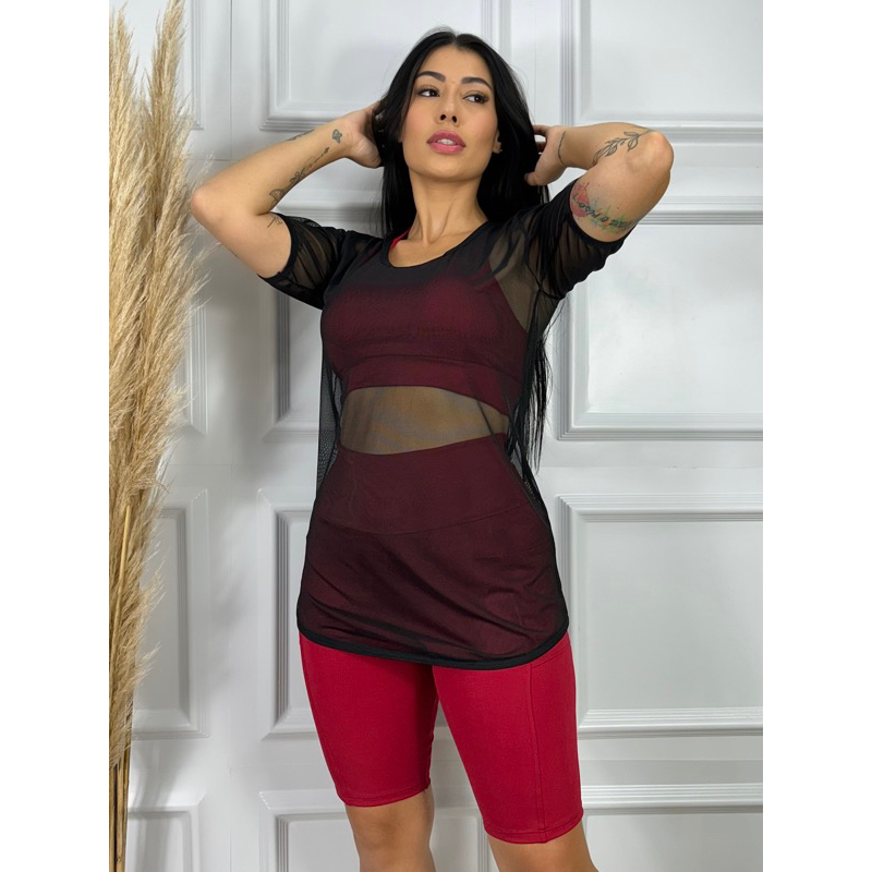 Blusa Feminina de Tule Transparente com Manga Roupa de academia Moda fitness.