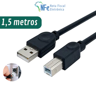 Cabo USB Tipo B com 1,5 metros para Impressora Scanner Multifuncional Bateria Eletrônica Teclado Piano Digital PC Notebook Celular Tablet