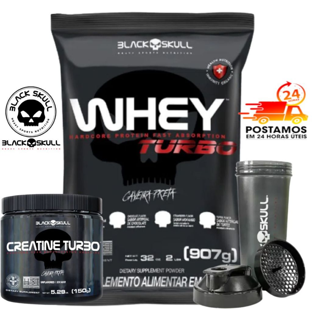 Kit Suplemento Combo Whey Turbo 907g + Creatina Turbo 150g + Coqueteleira – Black Skull – Ganho de Massa Magra