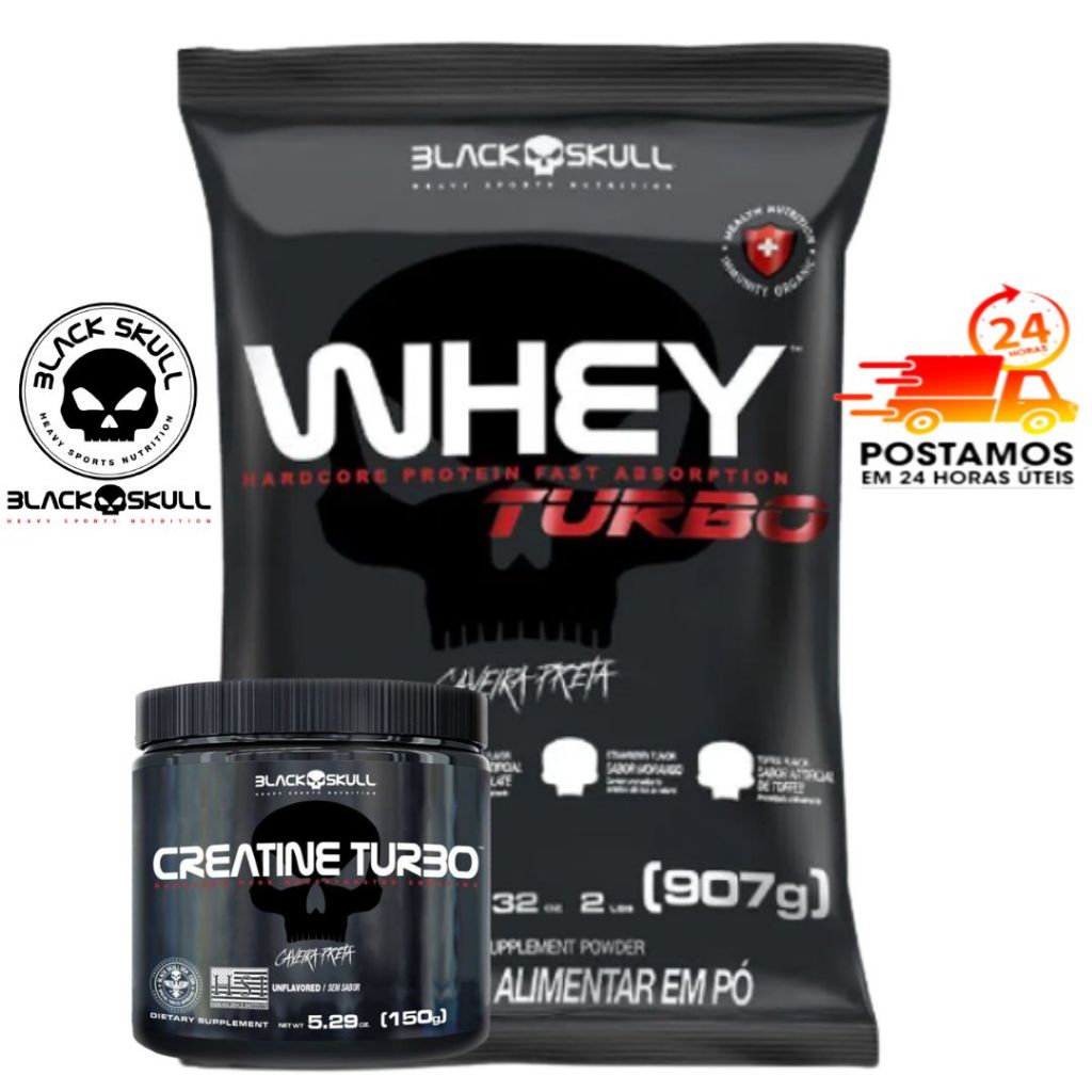 Kit Black Skull Suplemento Combo Whey Turbo Protein 900g + Creatina Turbo 150g