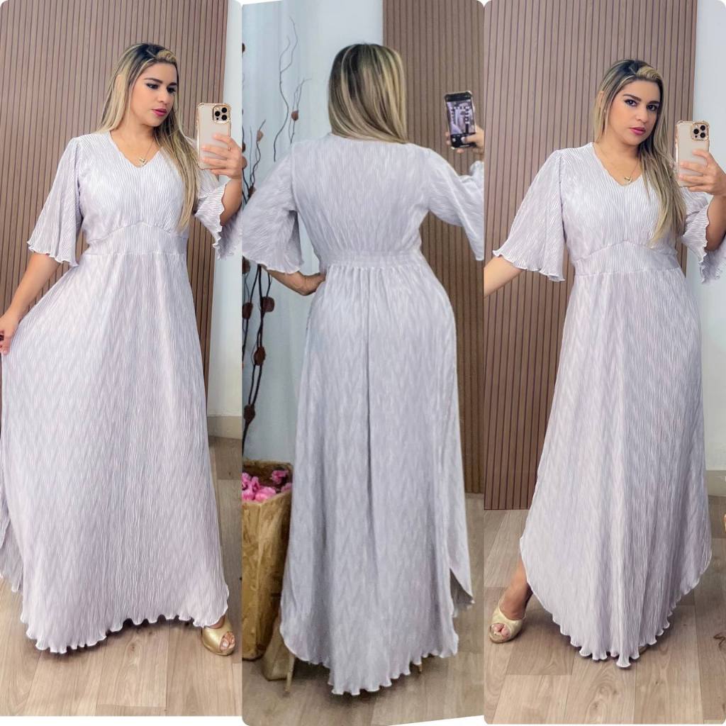 vestido Longo evangélico crepe manga godê elegante Moda Evangélica plus size Senhora