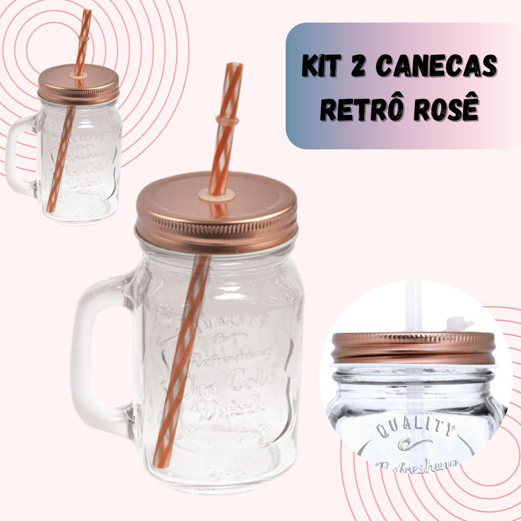 Kit 2 Canecas Retrô Rosê Vintage 500ML Com Canudo