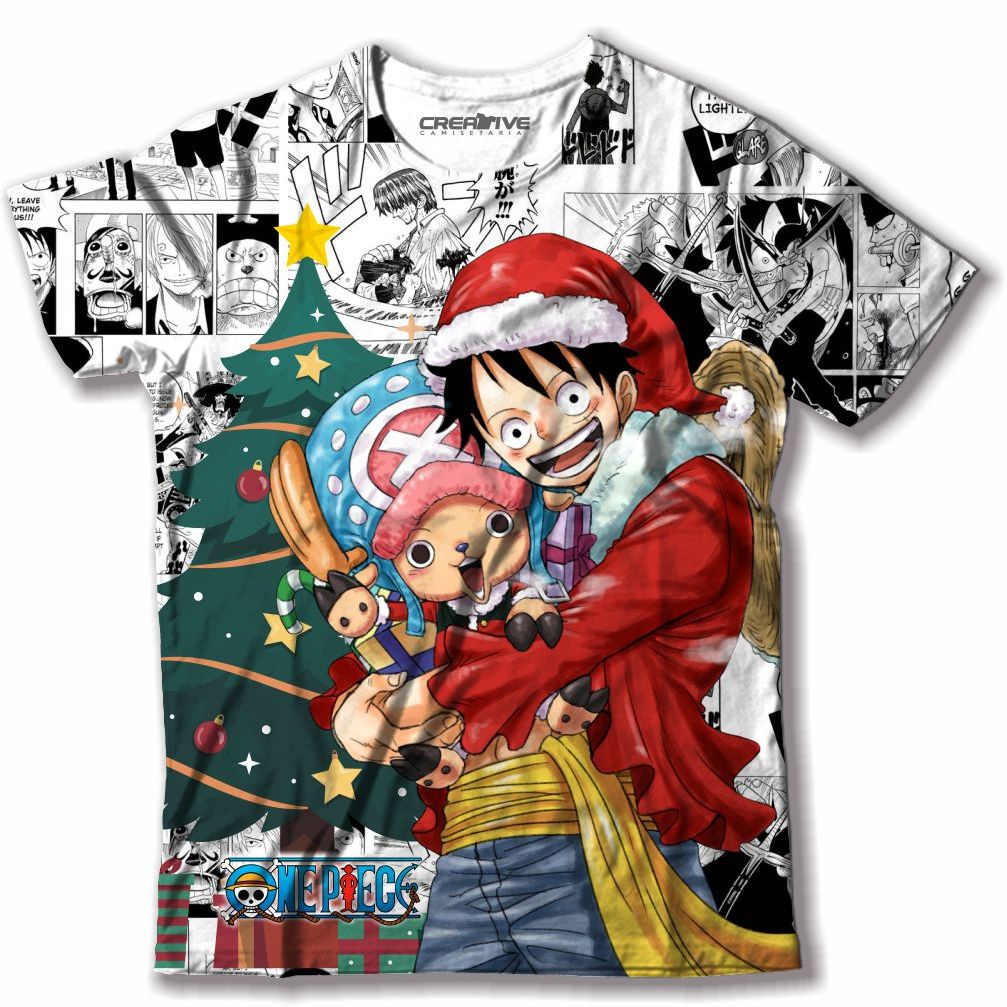 Camiseta Camisa Natalina Feliz natal Luffy One Piece Adulto e infantil