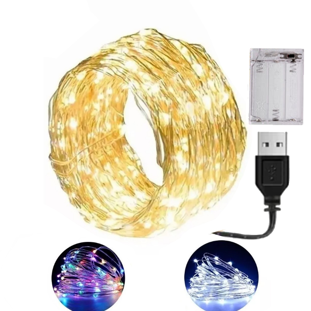 Fio de Fada Cordão De 100 Led 10m Usb Pilha Branco Quente Frio Colorido Luzinha Natal