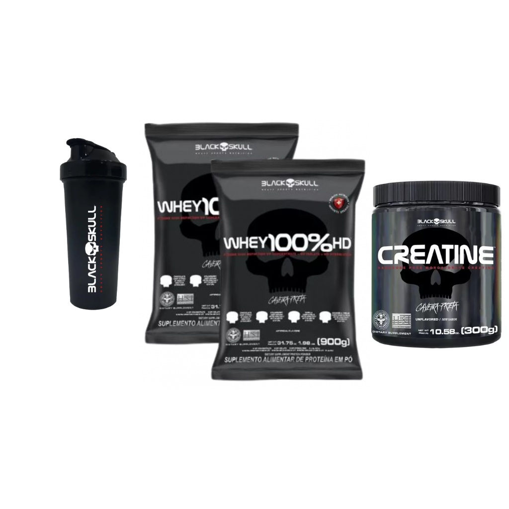 Kit 2 Un Whey Protein 100%HD refil 900g + 1 Un Creatina Pura 300g + 1 Un Coqueteleira