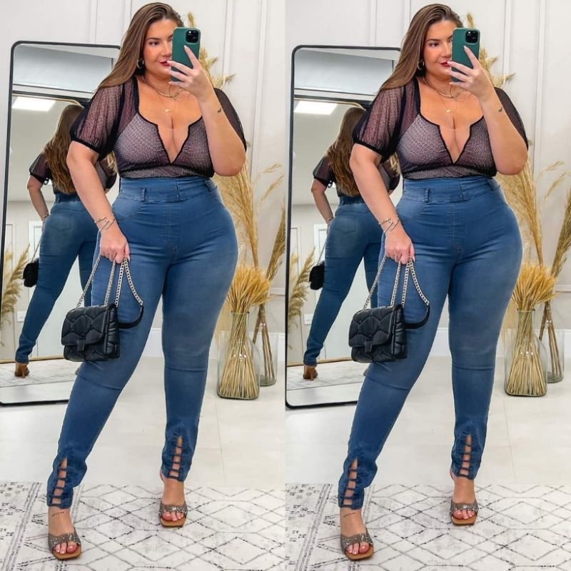 Calça Wide Leg Jeans com Botões no Cós Curve & Plus Size Azul