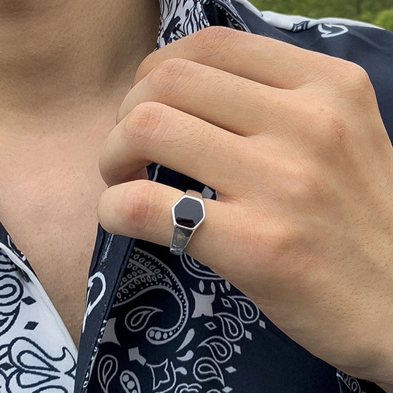 Anel Masculino de Aço 316L Hexagonal Prata Comendador