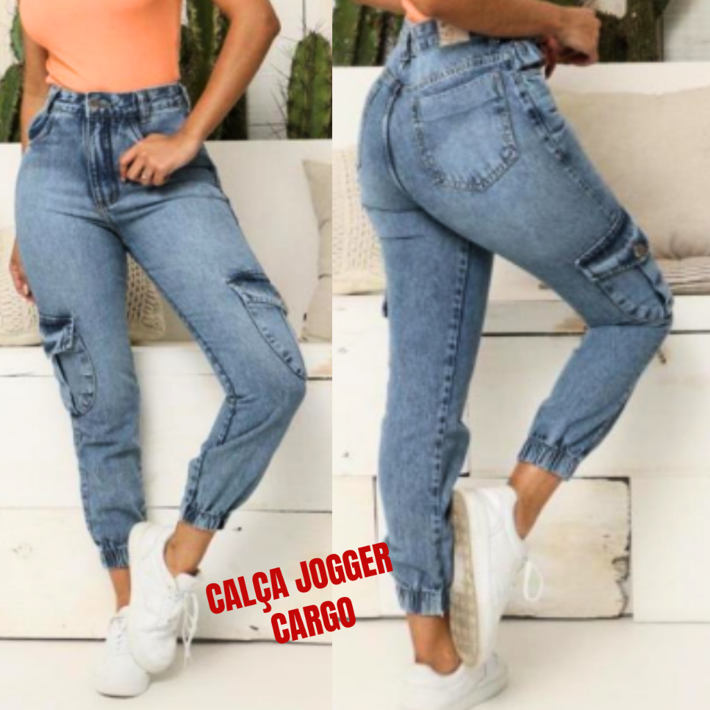 Calça Jogger Feminina Calça Cargo Jeans Feminina Cintura Alta sem Laycra
