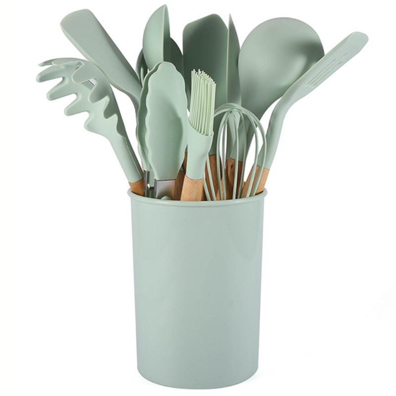 Kit C/12 Pçs Utensílios De Cozinha Colheres Espatula Silicone Cabo Madeira Decoração Livre BPA