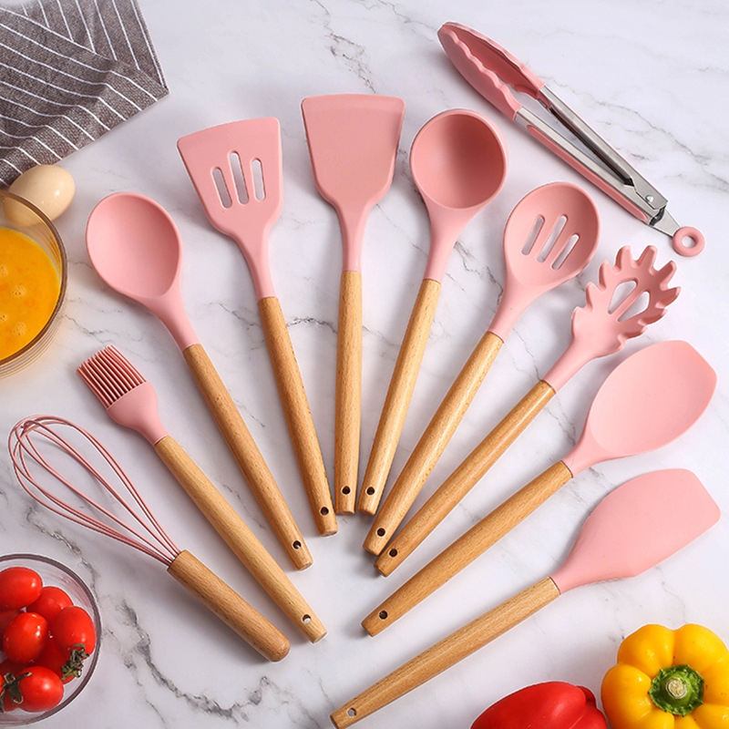 Kit C/12 Pçs Utensílios De Cozinha Colheres Espatula Silicone Cabo Madeira Decoração Promoção