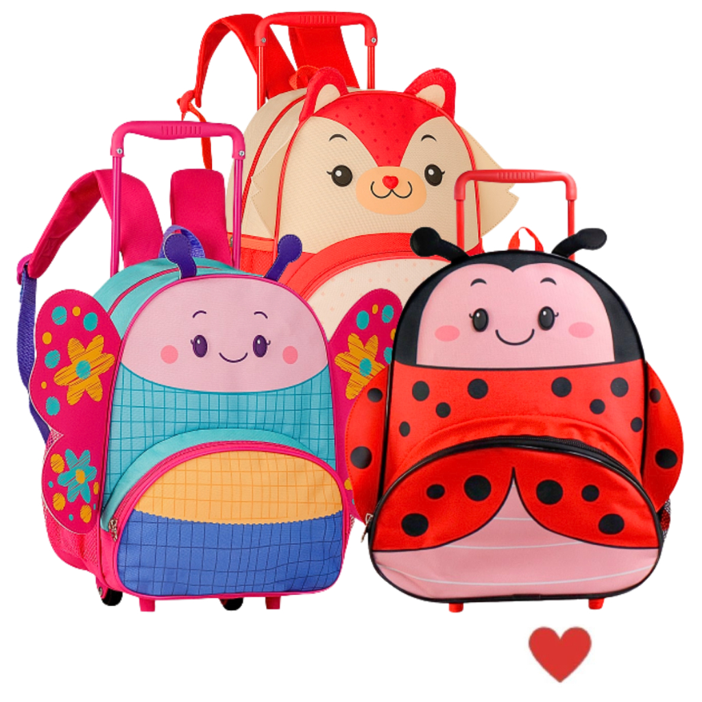 Mochila Escolar Infantil Passeio c/ Rodinhas Zíper p/ Bebês Crianças Clio Pets Zoo Bichinhos Animais 3D Volta as Aulas 2024