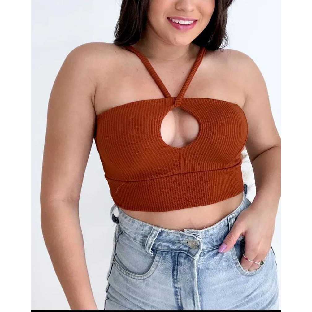 Cropped Strappy com Tiras Dupla Top feminino em renda com Bojo