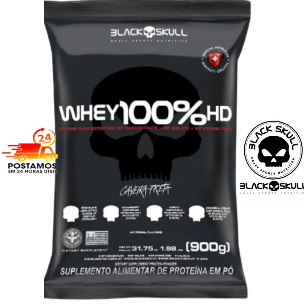 Whey Protein 100% HD – 900g Refil – (WPC, WPI E WPH) – Black Skull (Caveira Preta) -21g de Proteína – Rende 30 doses