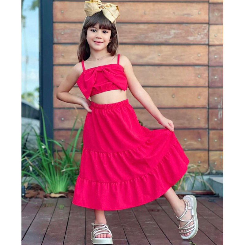 Fato de verão feminino Kawaii, bordado, tops curtos e saia tutu, roupas  infantis, flores cor de rosa, 4, 6, 7, 8, 9, 10, 12 anos