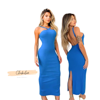 Vestido Feminino Longo Colado Aberto nas Costas com Fenda Moda Gringa Costa Nua