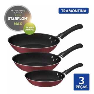 Jogo 3 Frigideiras Tramontina Vermelho Alumínio Antiaderente Qualidade Starflon Durabilidade Praticidade Para Sua Cozinha Gourmet Alumínio Aço Inox Revestimento Versátil Fácil limpeza Cozinhar Alimentos Receitas Fogão Economia Design Ergonomia