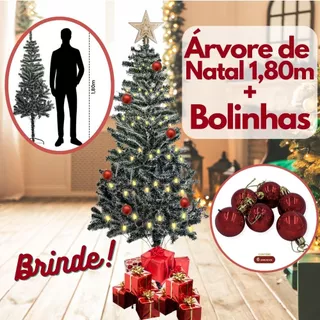 Árvore de Natal 1,80m Pinheiro Luxo Verde Nevada 320 Galhos com Kit de Bolinhas Vermelhas Para Enfeitar Decorar Pendurar Decoração Natalina Casa