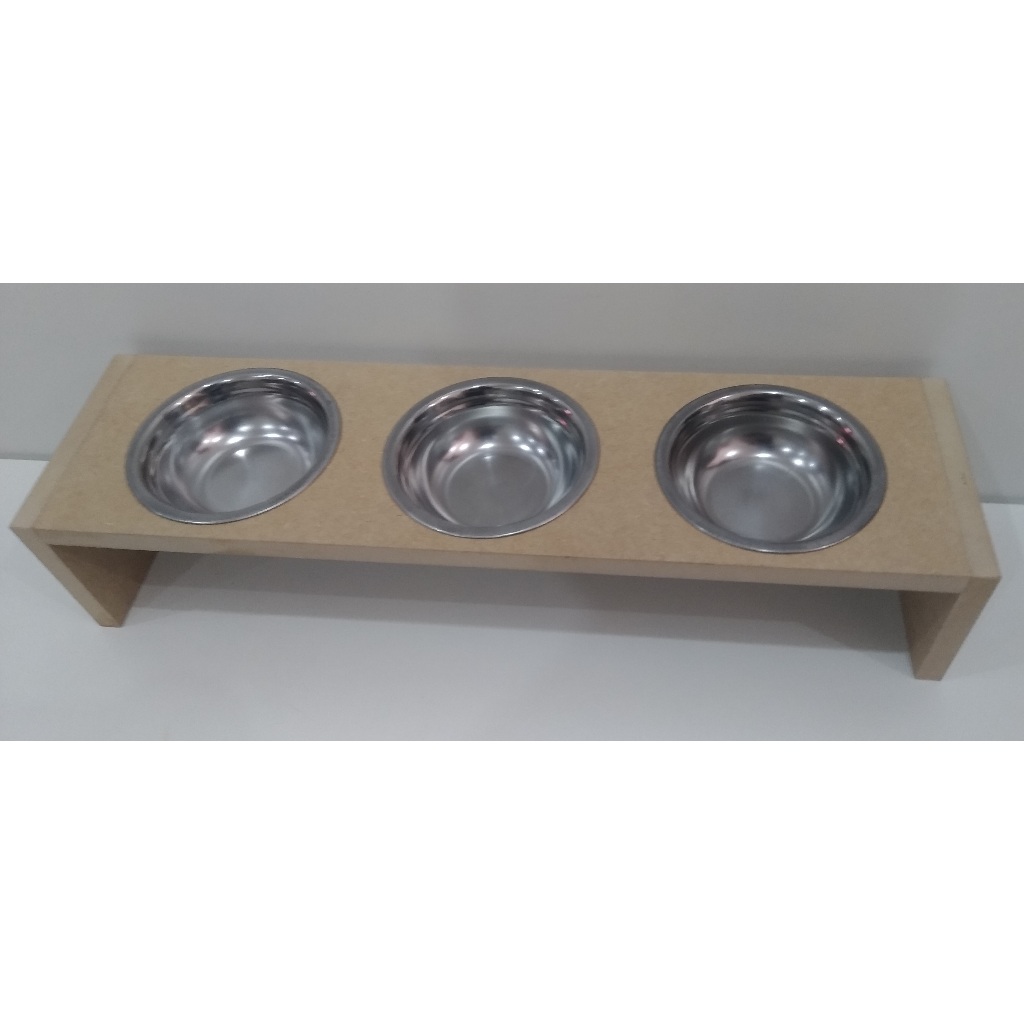 Comedouro 3 potes para gatinhos em mdf cru e pote aluminio