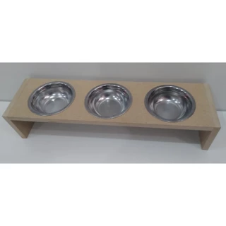 Comedouro 3 potes para gatinhos em mdf cru e pote aluminio