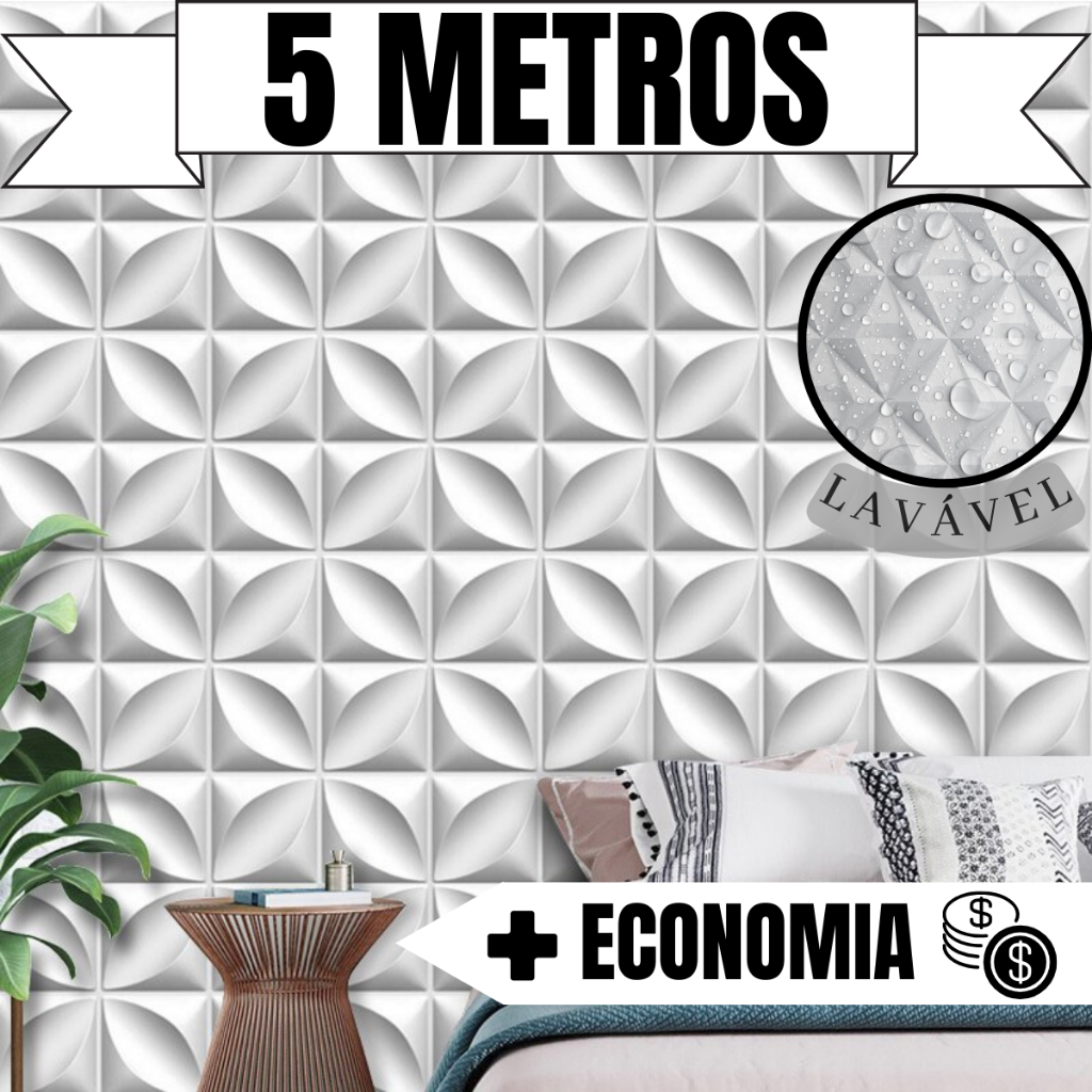 Papel De Parede Adesivo De Parede 5metros x 0,45cm Geometrico 3D Realista  Branco/Cinza Para Decoração De Quarto Sala Casal