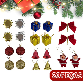 Kit 20 Peças Enfeites de Natal Completo Laço Papai Noel Presentes Tambor Bolinhas Decoração Arvore Pequena