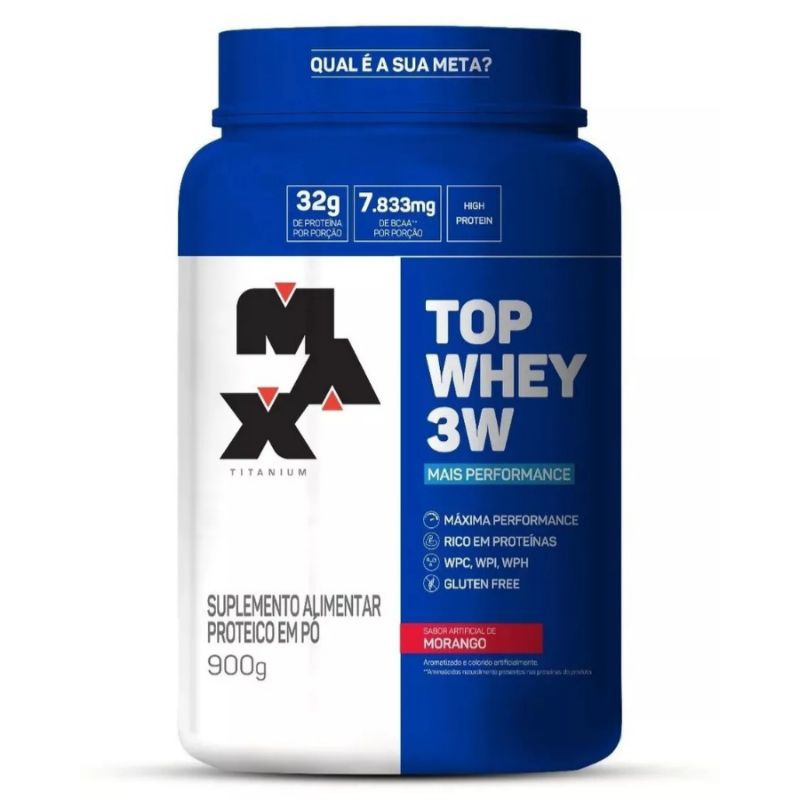 Top Whey 3w 900g sabor morango Max titanium