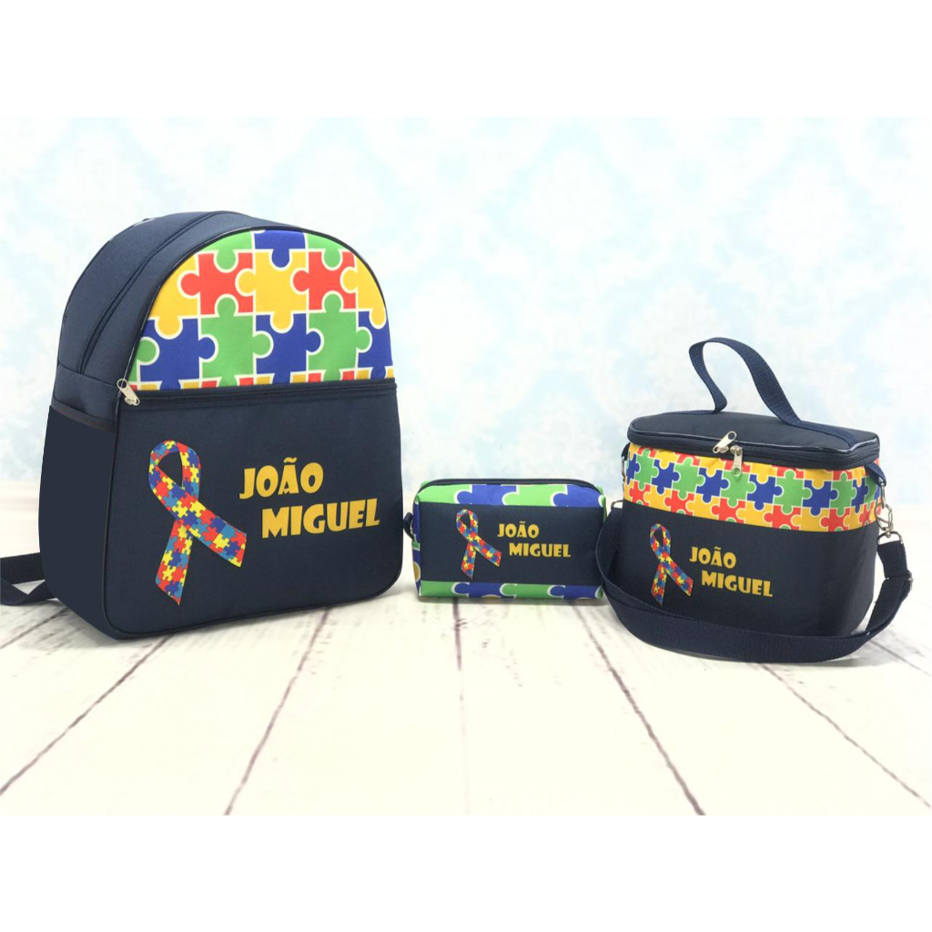 kit bolsa escolar autismo 3 peças personalizado