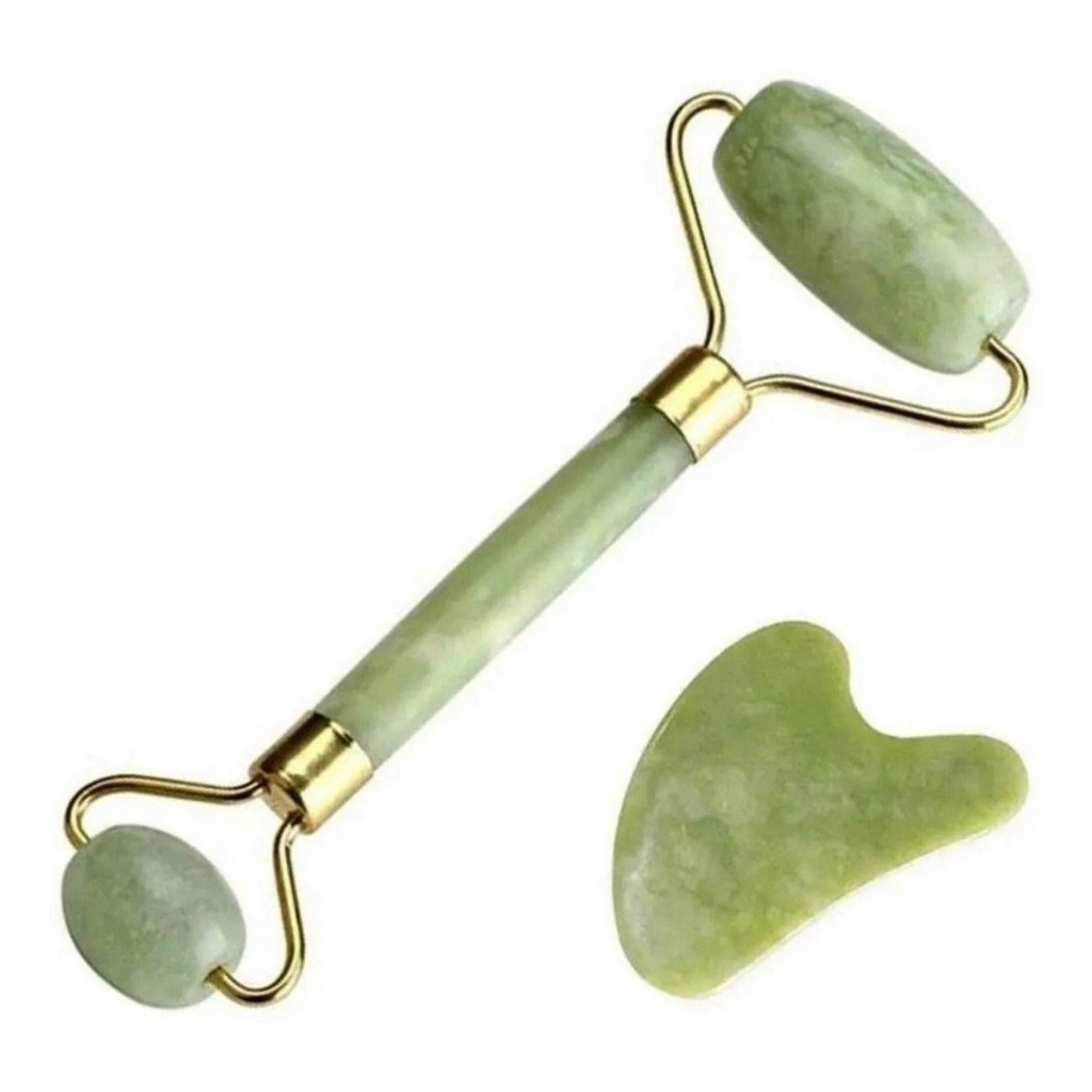 Rolo Pedra de Jade + Placa Gua Sha Massagem Facial Anti Ruga