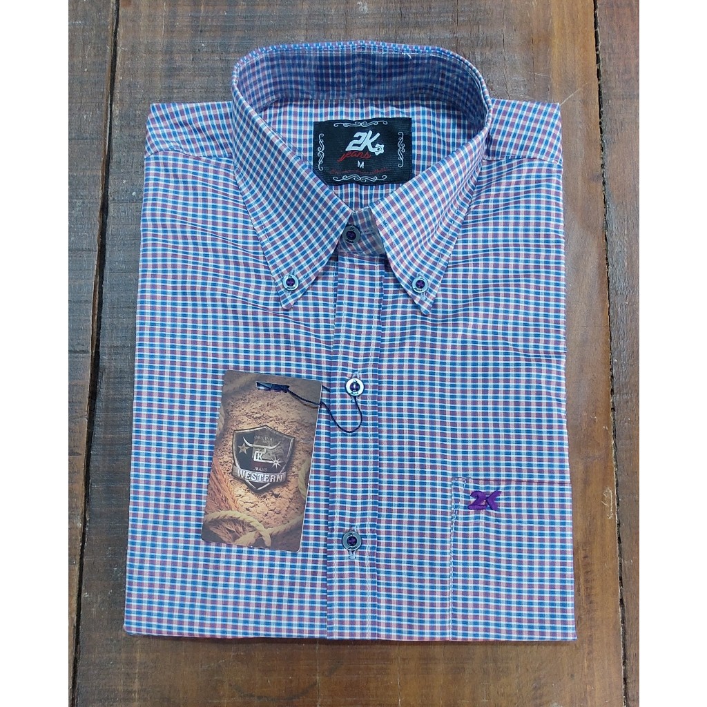 Camisa Country 2k Jeans Manga Curta Ref 059 Xadrez Azul/Vermelho