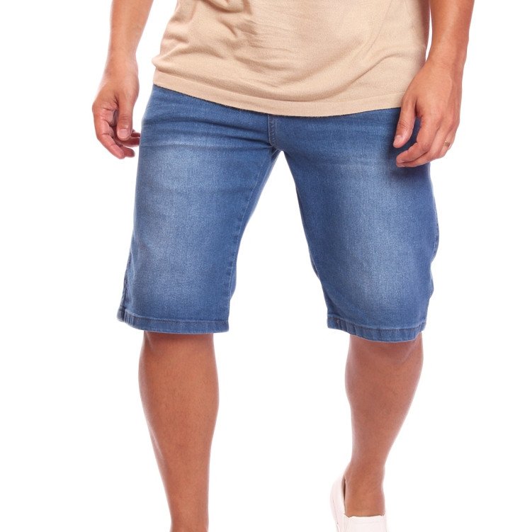 Bermuda Jeans Masculina Lavagem Médium Dark Blue Com Pistolado Linha Deluxe Slim Premium REF 023