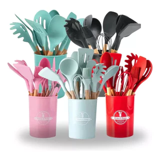 Kit 12 Utensílios De Cozinha Em Silicone E Cabo De Madeira Varias Cores