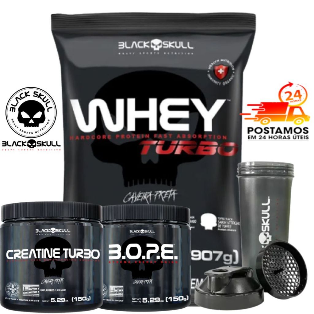 Kit Black Skull Whey Turbo 900g + Creatina Turbo 150g rende 25 doses + Pré Treino Bope 150g 30 doses + Coqueteleira 600ml Combo Whey Creatina