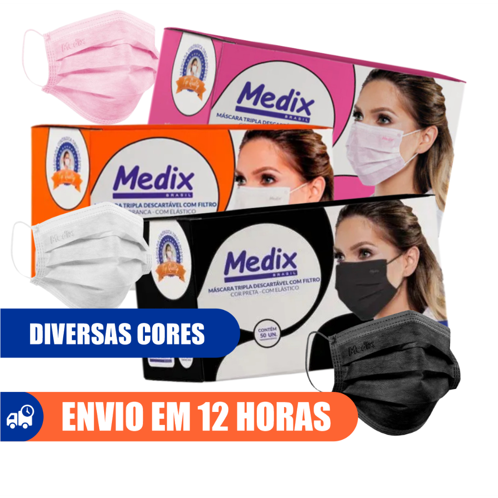 Mascara Tripla Medix 50un Preta Branca Rosa Descartável Elástico