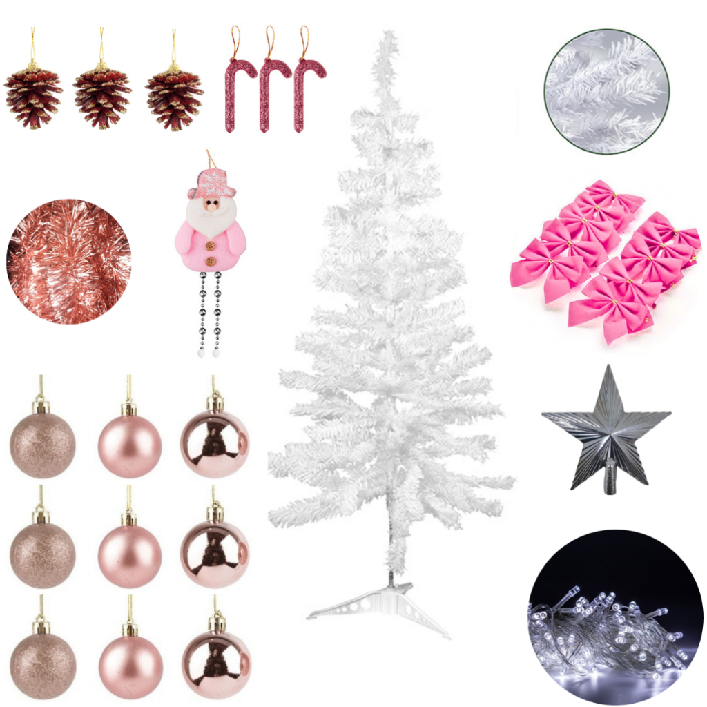Arvore De Natal Decorada 90cm Branca Enfeites Pisca rosa rose gold luxo