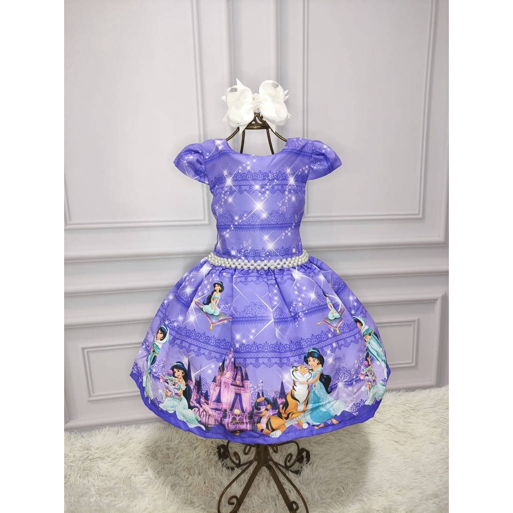 Vestido Infantil Lilás Lavanda Princesa Sofia Jasmine Ariel Tiara Luvas  Fantasia Carnaval Aniversário Temático Princesas Presente Menina Festa Luxo  Rodado