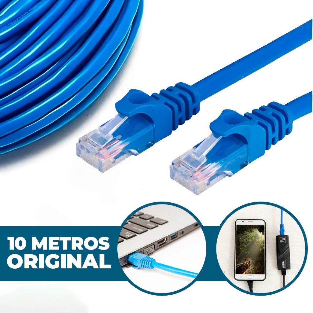 Cabo de Rede Ethernet 10 ou 15 Metros Com Plug RJ45 Alta Velocidade e Estabilidade Uso Interno e Ext
