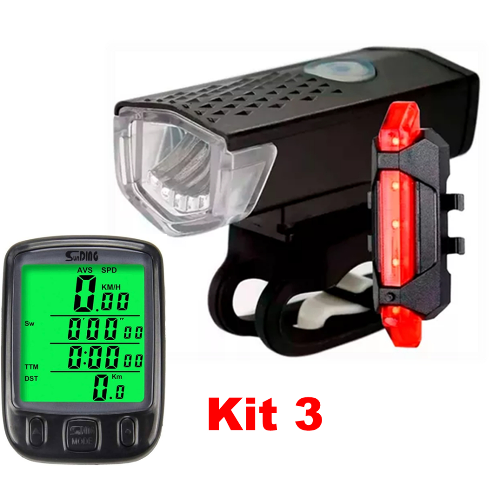 Kit Farol Led Bike + Sinalizador Traseira LED Vermelho + Velocímetro