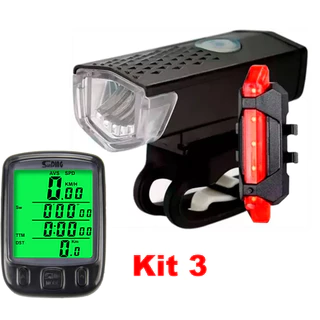 Kit Farol Led Bike + Sinalizador Traseira LED Vermelho + Velocímetro Com Led Prova D'água 27 Funções Para Bicicleta