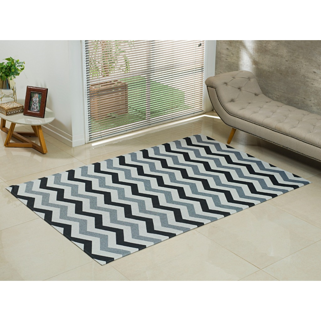 Tapete Grande de Sala 3,00 x 2,00 em Jacquard com anti-derrapante Zig Zag Preto e Branco Promocao