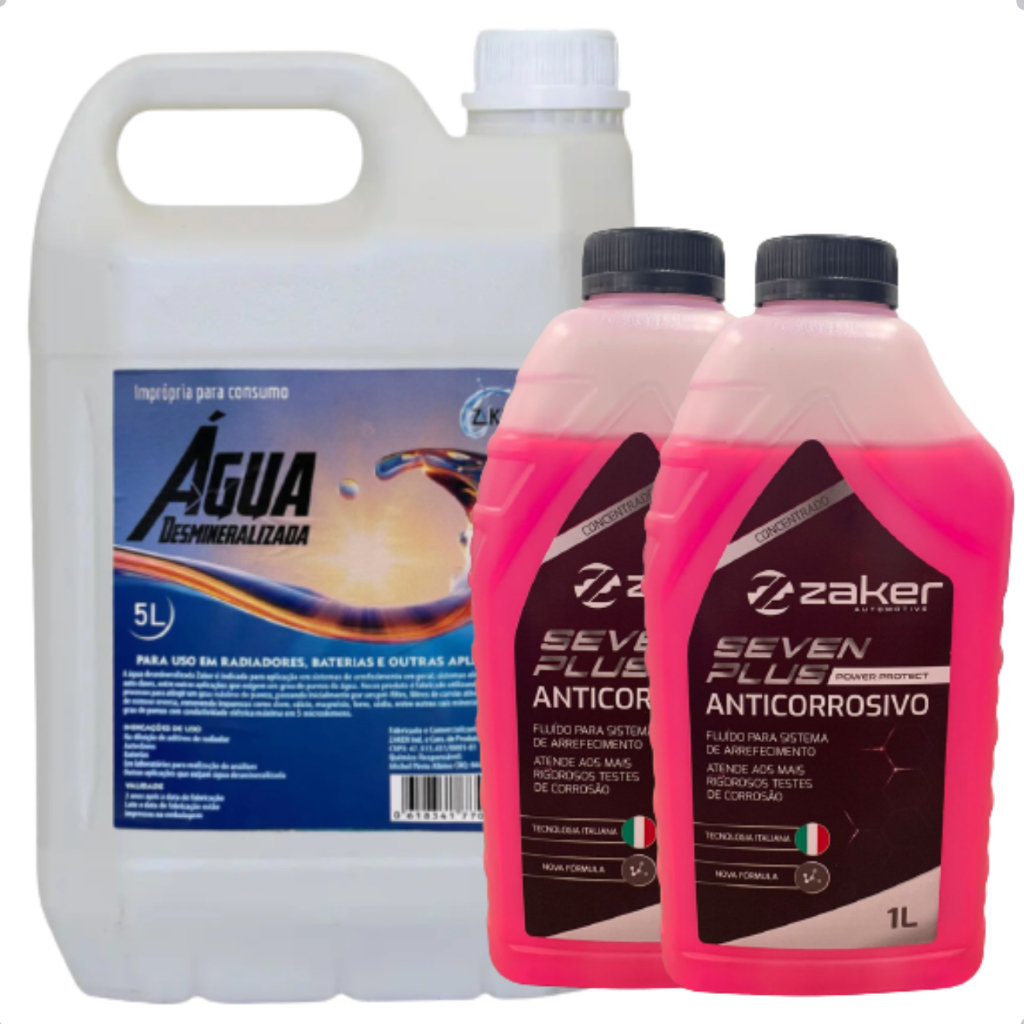 Kit 2 Aditivo Radiador Zaker Rosa Concentrado + Galão de Água Desmineralizada 5 Litros