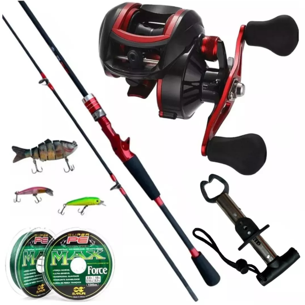 Kit Pesca Tucunaré Carretilha CMIK Anticabeleira 19 Rolamentos + Vara Fibra de Carbono 8-20 LBS 1,80 + Itens