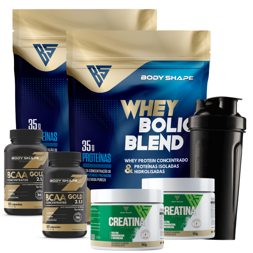 Kit 2x Whey Protein Bolic 1.8Kg + 2x Bcaa Gold + 2x Creatina 90g + Coqueteleira