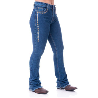 Calca Jeans Feminina Bordada Com Costura Reforçada Lycra