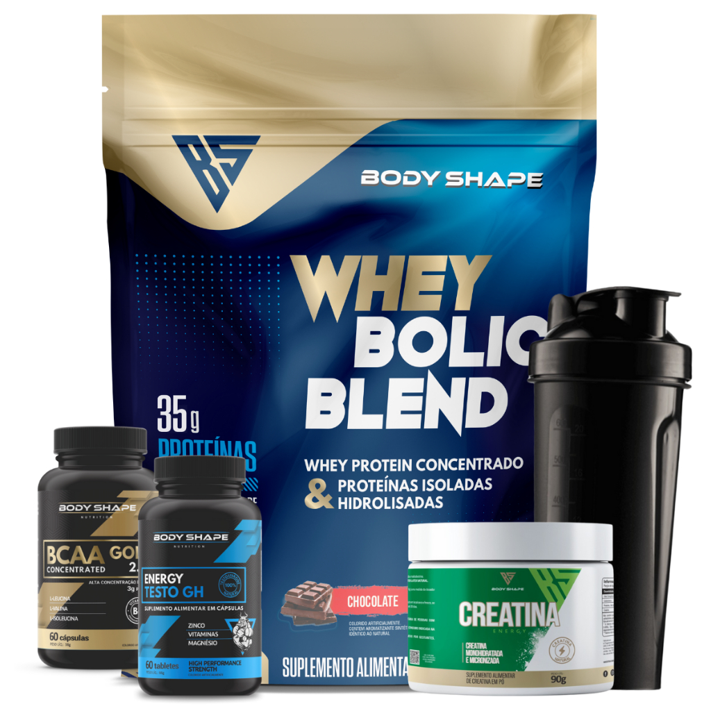 Kit Whey Protein Bolic 1.8kg + Creatina Energy 90g + Bcaa Concentrado Gold 60 Caps + Energy Testo GH 60 Caps + Coqueteleira – Body Shape