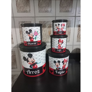 jogo de potes organizador de mantimentos plastico 5 peças t mickey arroz feijao cafe acucar e sal