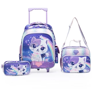 Kit Mochila Lancheira Estojo Gatinha Infantil Escolar Meninas