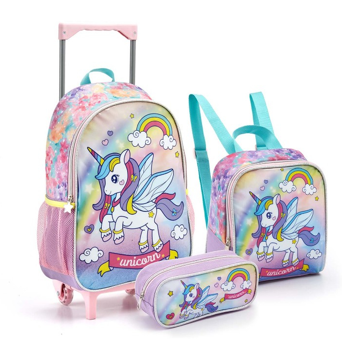 Kit Mochila Sem Alça de Costas Escolar Infantil de Rodinha Lancheira Estojo Estilo Unicornio Ponei Meninas