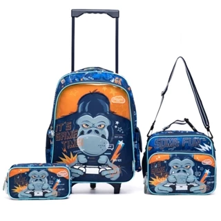 Kit Mochila Infantil Estojo Macaco Lancheira Escolar Menino
